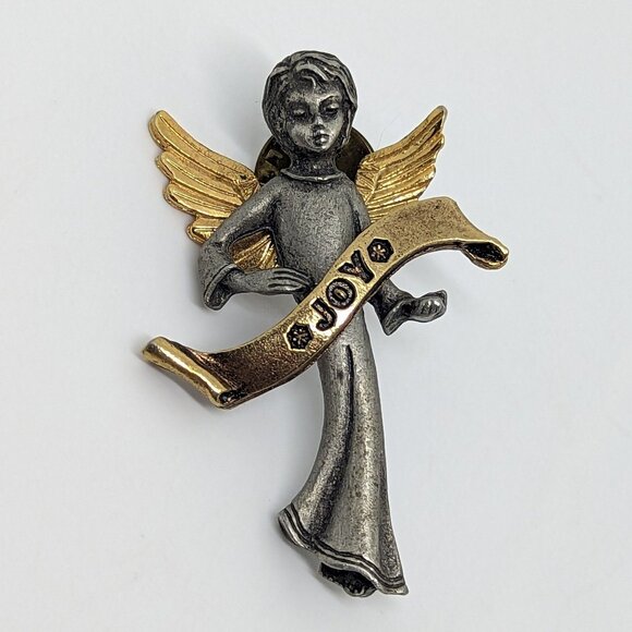 Camco Jewelry - Vintage Signed Camco JOY Angel Brooch Pin Gold & Silver Tone Winged Figurine Wit